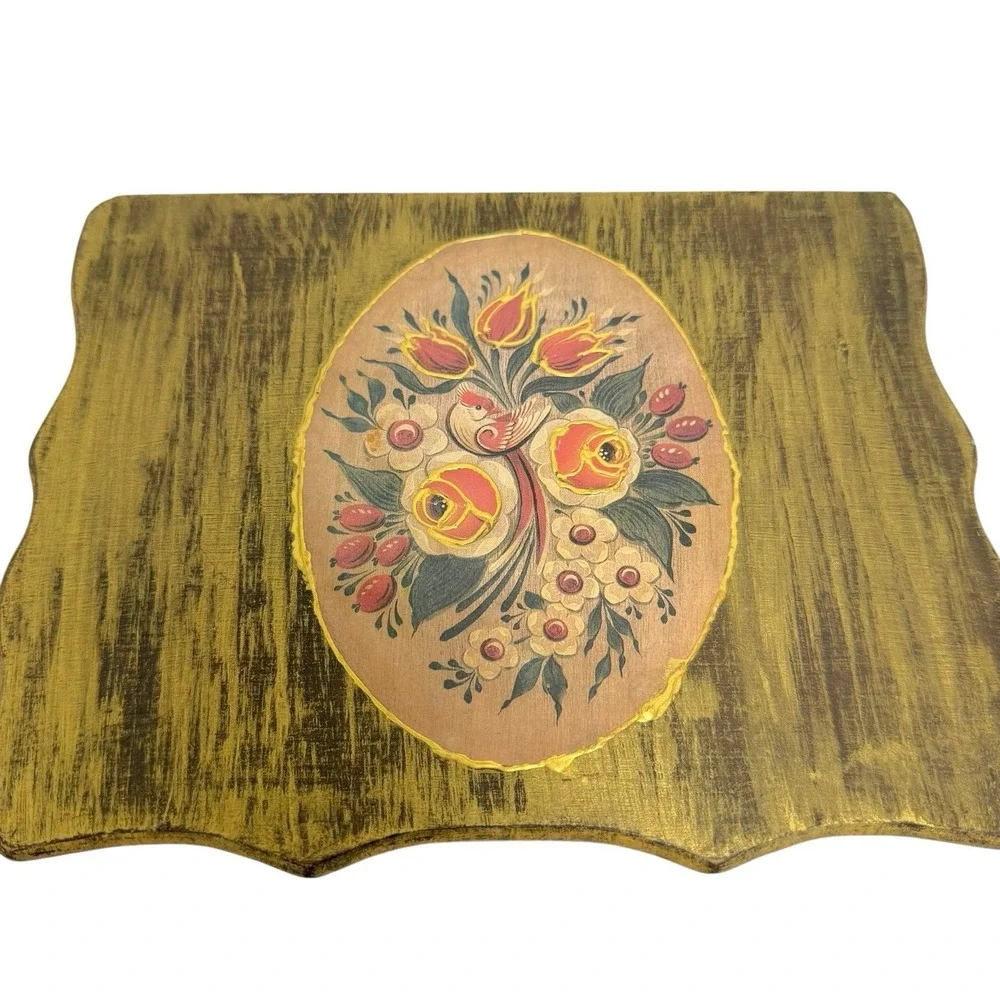 Vintage Handpainted Wooden Jewelry Box Hinged Lid Floral w/Bird Embossed 6.25